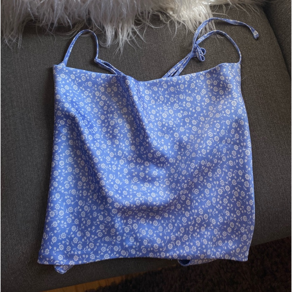 Silk/satin tie up/backless blue/floral patterned Garage top